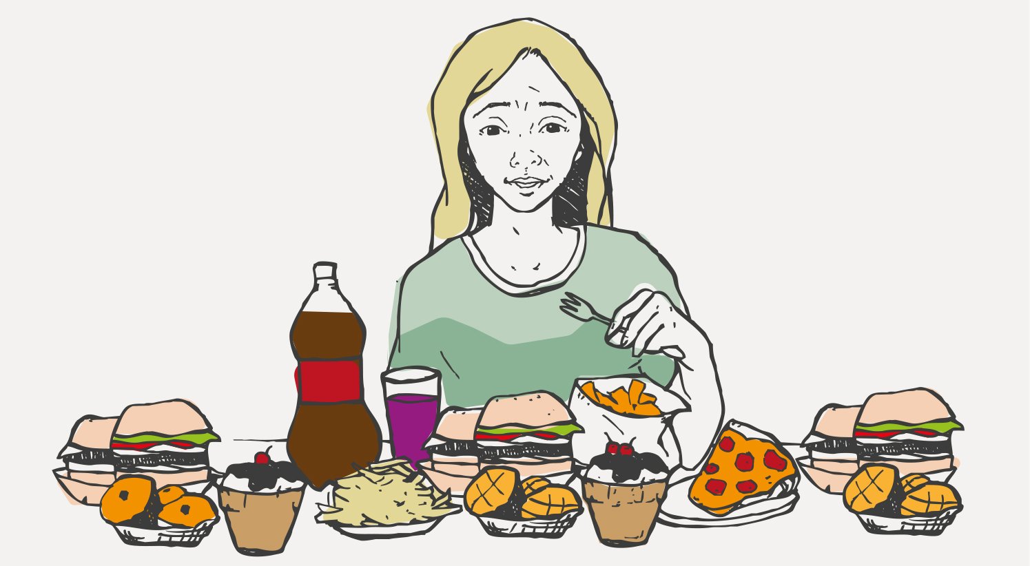 desenho de uma mulher sentada comendo compulsivamente a mesa junto com refrigerante